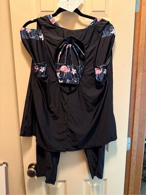 Black Swim Capris, Sport Bra, and Racerback Shirt with Tropical Flamingo Accent